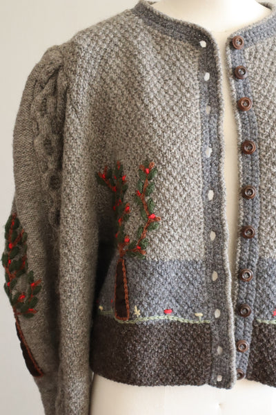 80s Austrian Hand knit Cardigan Embroidery Of Flowers, Trees And Homes Gray