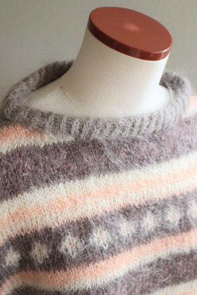 80s Pale Brown Striped Diamond Pattern Hand Knit Sweater