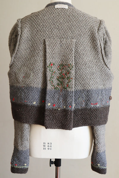 80s Austrian Hand knit Cardigan Embroidery Of Flowers, Trees And Homes Gray