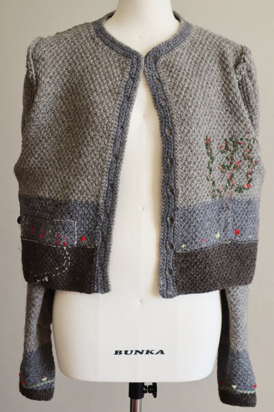 80s Austrian Hand knit Cardigan Embroidery Of Flowers, Trees And Homes Gray