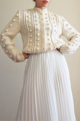 80s Austrian Hand Knit Pon Pon Chunky Wool Cardigan White