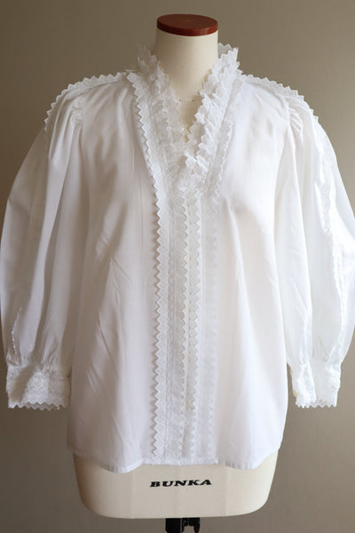 80s Jagged Lace Trimming Puff Sleeve Cotton Blouse