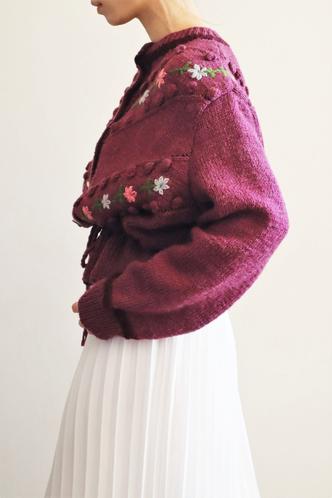 80s Austrian Hand Knit Pon Pon Wool Cardigan Flower Embroidered