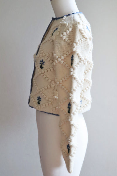 70s Embroidered Blue Flower Austrian Hand Knit Cardigan