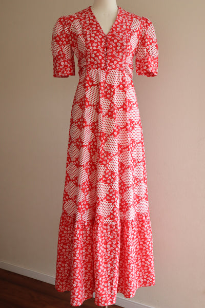 70s Cotton Floral Polka Dot Maxi Prairie Dress