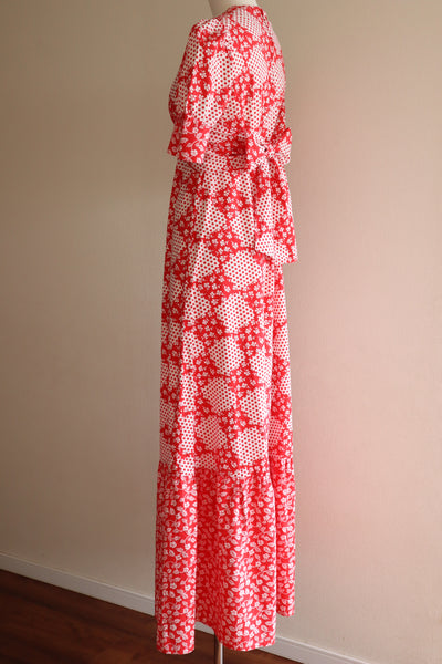 70s Cotton Floral Polka Dot Maxi Prairie Dress