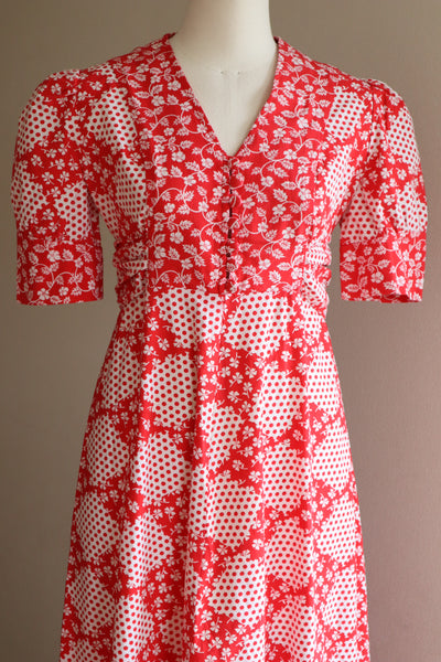 70s Cotton Floral Polka Dot Maxi Prairie Dress