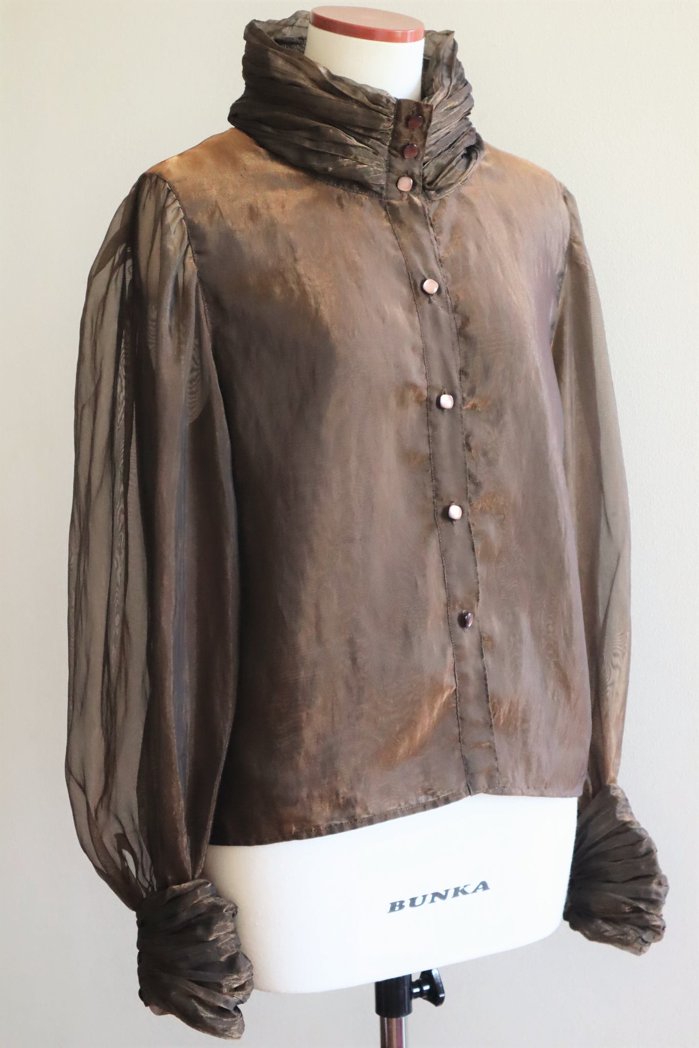 80s French Balloon Sleeve Bronze Brown Sheer Blouse
