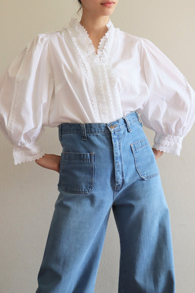 80s Jagged Lace Trimming Puff Sleeve Cotton Blouse