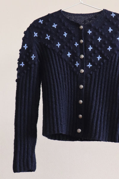 Austrian Hand Knit Cardigan Embroidered Flowers Navy