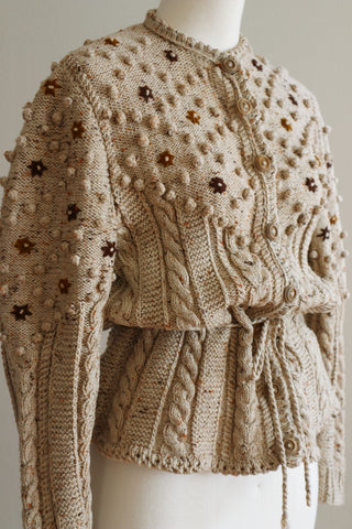80s Hand-knit Bavarian Flower Embroidered Popcorn Knit Folklore Cardigan Beige