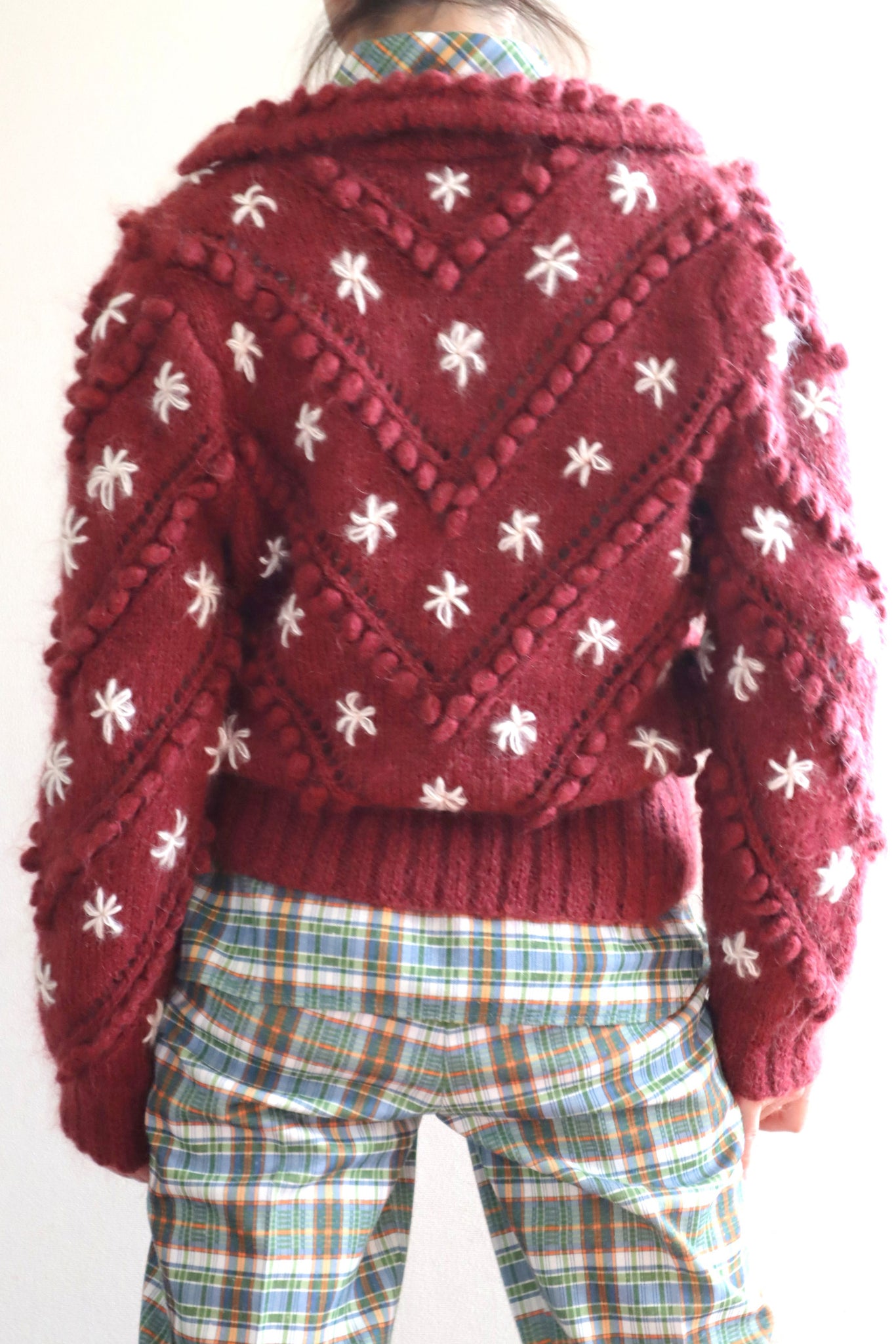 80s Hand Knit Wine Red Mohair Cardigan