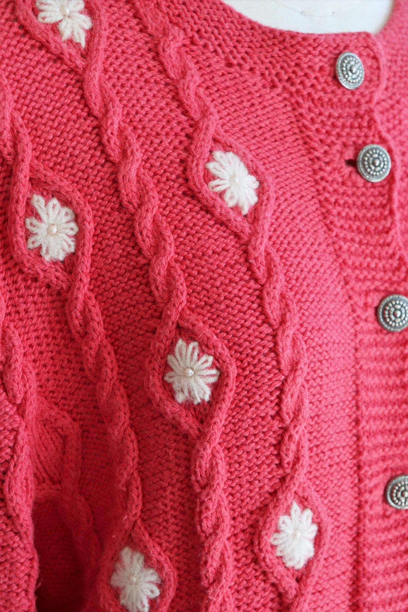 Austrian Hand knit Cardigan Embroidered Flowers Pink