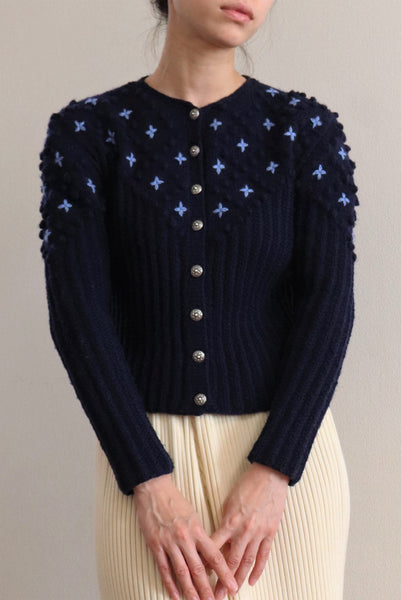 Austrian Hand Knit Cardigan Embroidered Flowers Navy