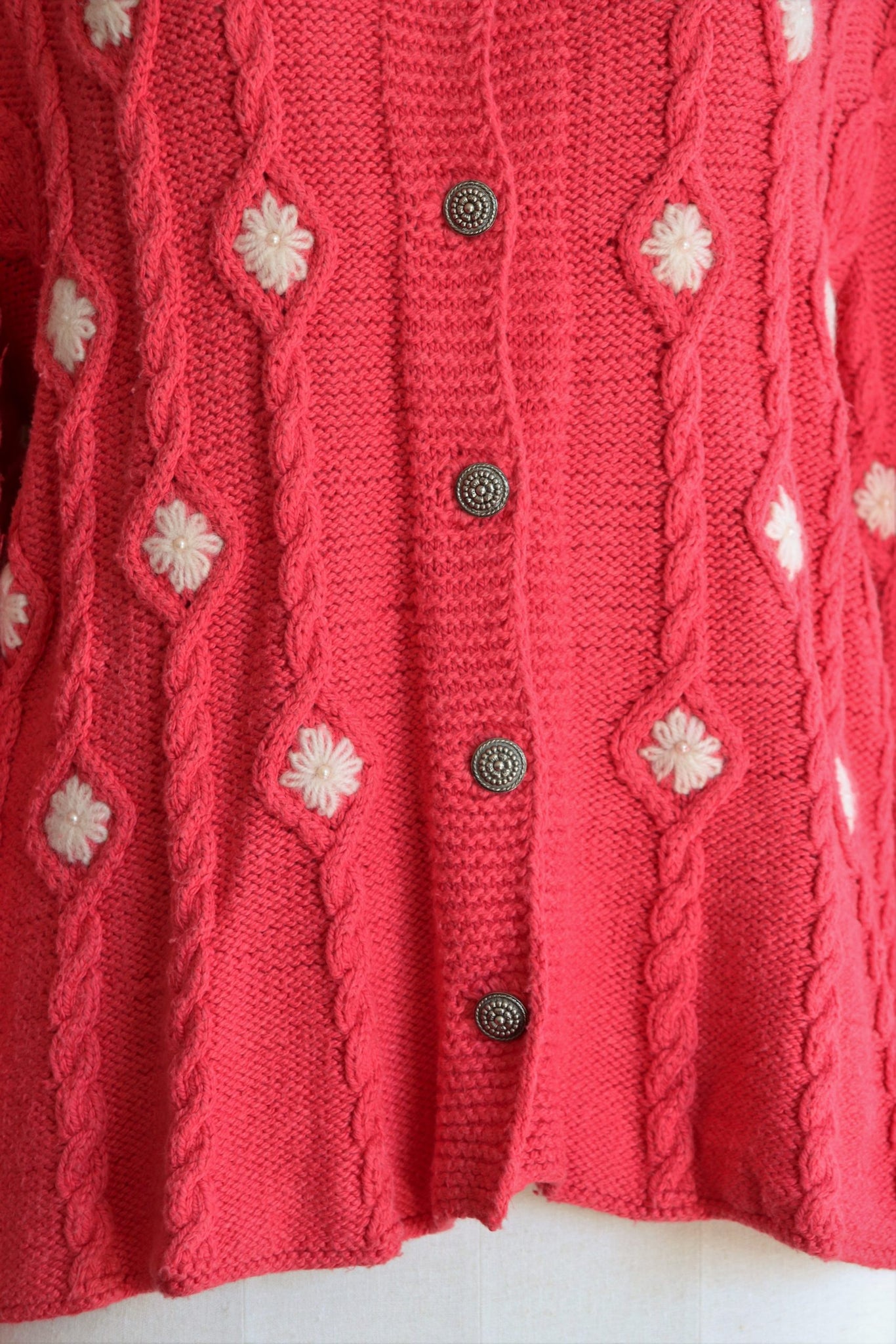Austrian Hand knit Cardigan Embroidered Flowers Pink