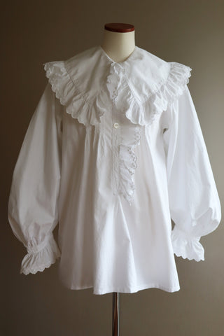 1920s White Cotton Embroidered  Big Collar Blouse