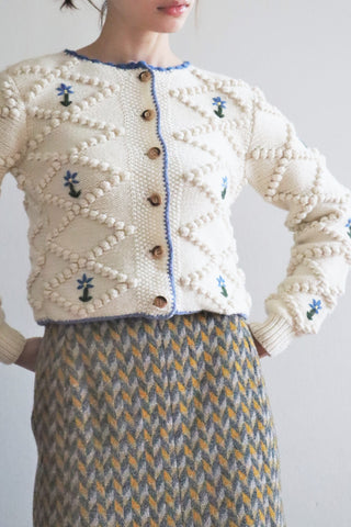 70s Embroidered Blue Flower Austrian Hand Knit Cardigan