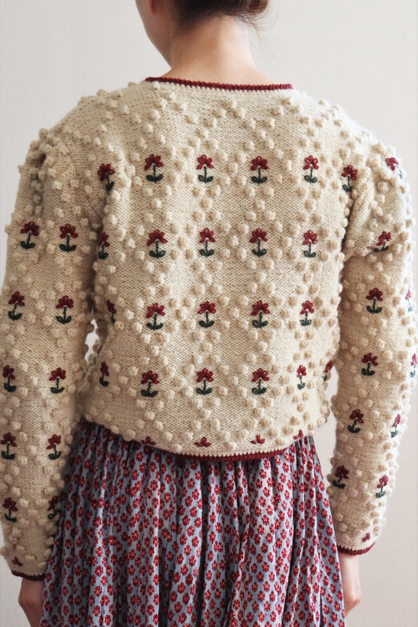 Austrian Hand Knit Cardigan Dark Cherry Red Flower Embroidered