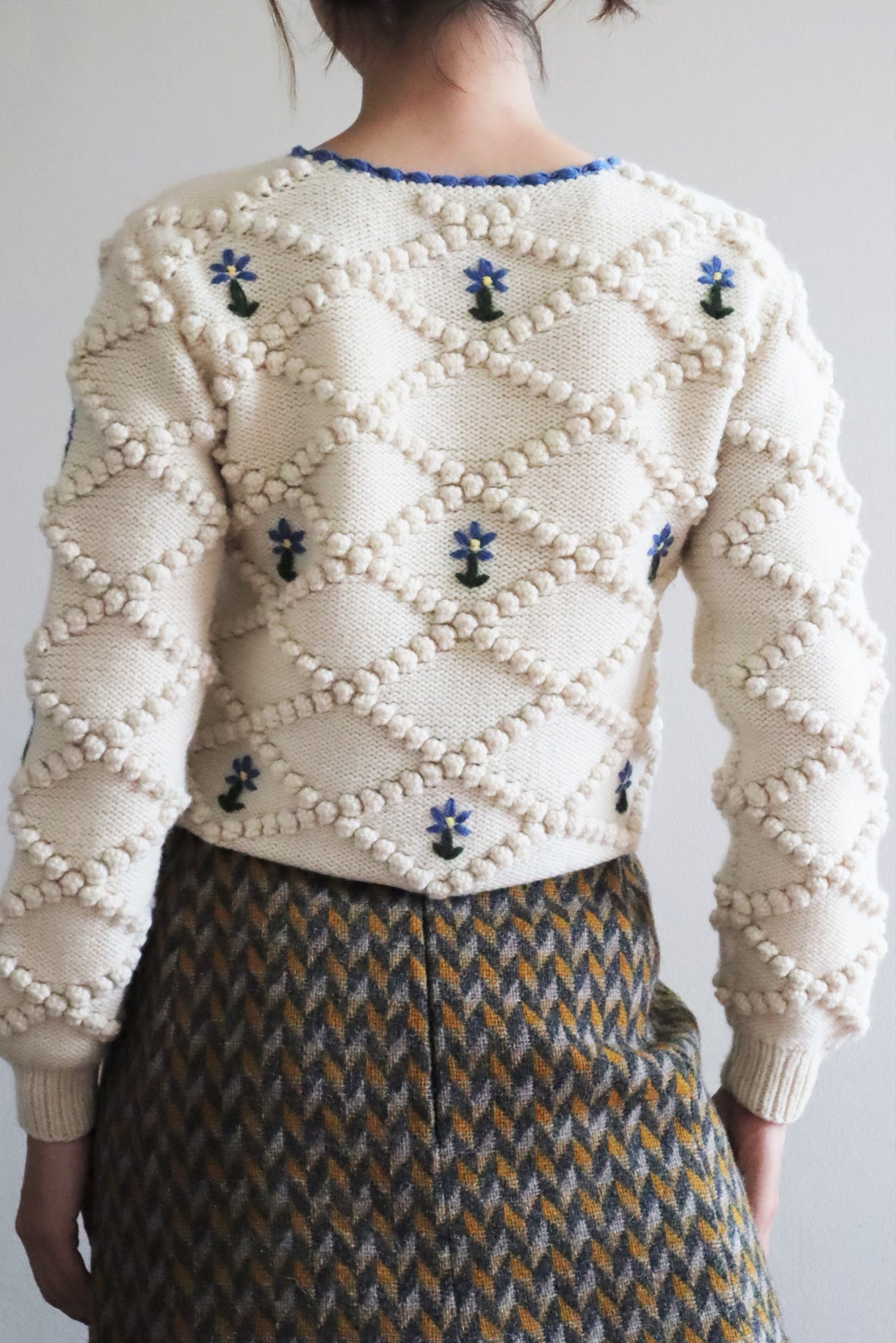 70s Embroidered Blue Flower Austrian Hand Knit Cardigan