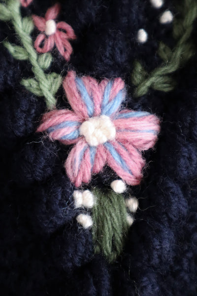 80s Hand-knit Bavarian Flower Embroidered Popcorn Knit Folklore Cardigan Navy