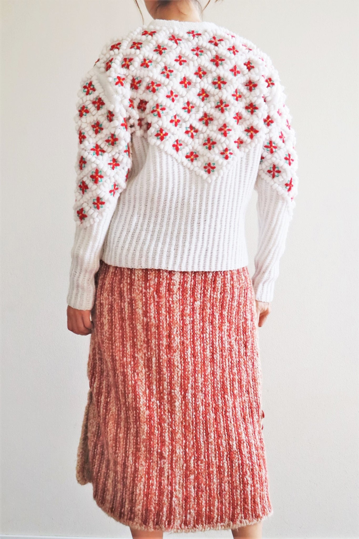 80s Embroidered Red Flowers Austrian Hand Knit Cardigan