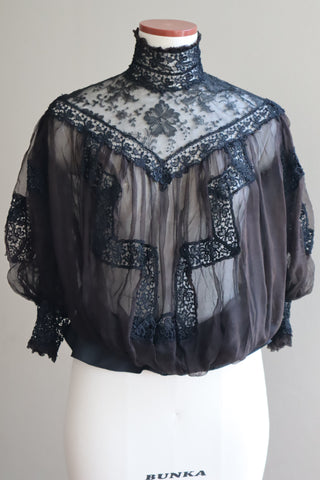 1900s Edwardian Black Chantilly Lace Silk Chiffon Blouse