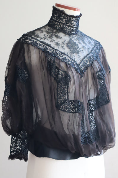 1900s Edwardian Black Chantilly Lace Silk Chiffon Blouse