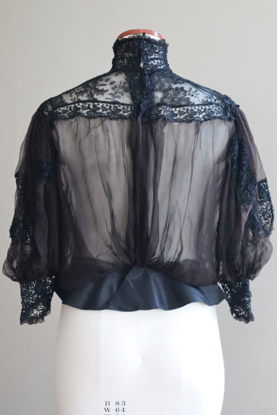 1900s Edwardian Black Chantilly Lace Silk Chiffon Blouse