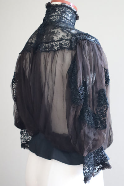 1900s Edwardian Black Chantilly Lace Silk Chiffon Blouse