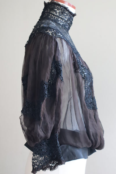 1900s Edwardian Black Chantilly Lace Silk Chiffon Blouse