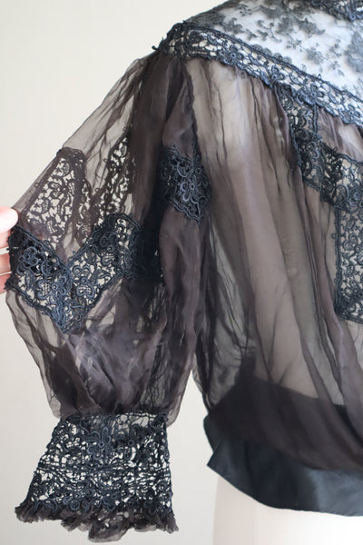 1900s Edwardian Black Chantilly Lace Silk Chiffon Blouse