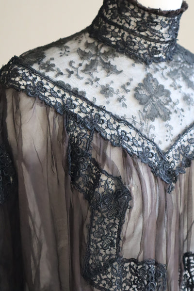 1900s Edwardian Black Chantilly Lace Silk Chiffon Blouse