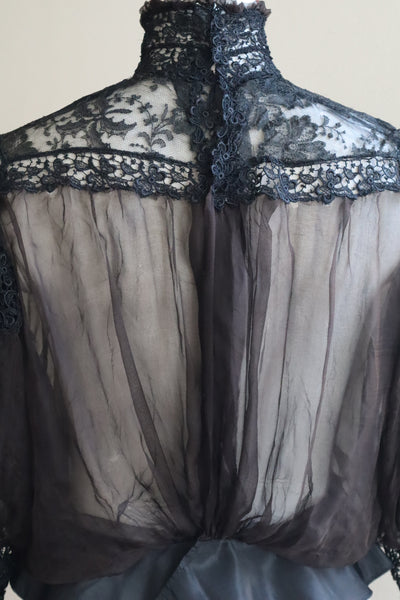 1900s Edwardian Black Chantilly Lace Silk Chiffon Blouse