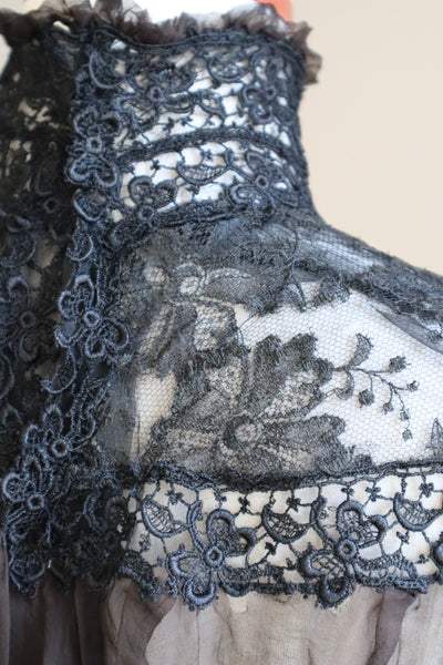 1900s Edwardian Black Chantilly Lace Silk Chiffon Blouse