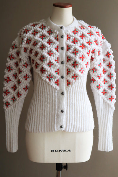 80s Embroidered Red Flowers Austrian Hand Knit Cardigan