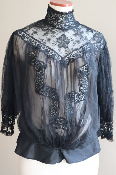 1900s Edwardian Black Chantilly Lace Silk Chiffon Blouse