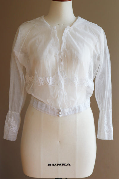 1900s Chain Stitch Embroidery White Cotton Tulle Blouse