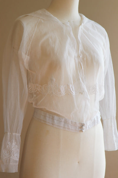 1900s Chain Stitch Embroidery White Cotton Tulle Blouse