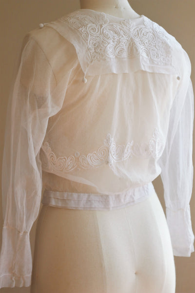 1900s Chain Stitch Embroidery White Cotton Tulle Blouse