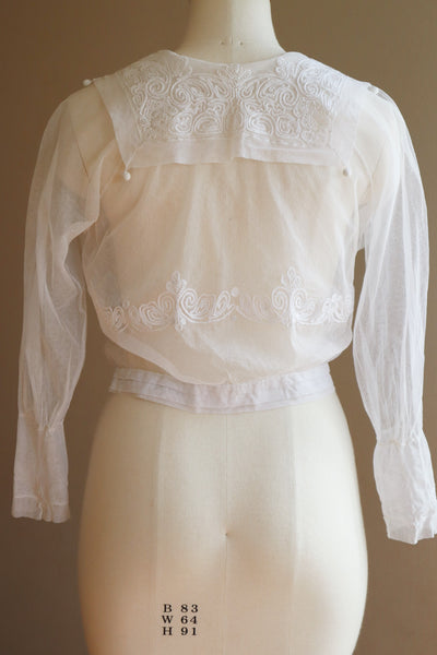 1900s Chain Stitch Embroidery White Cotton Tulle Blouse