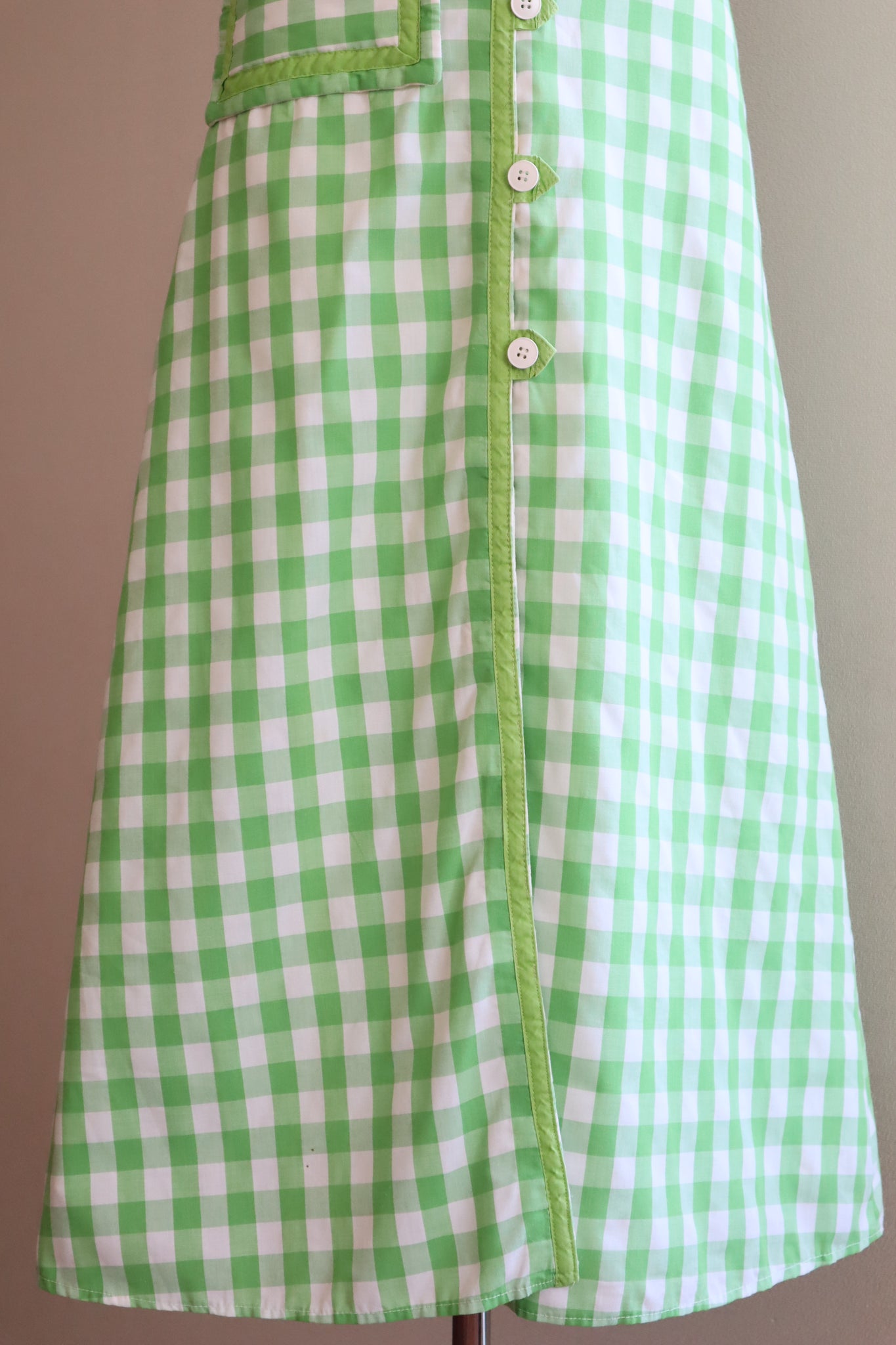 70s Green Gingham Plaid Cotton Quilted Long Dress
