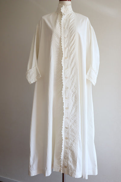 1900s Hand Embroidery With Leaf Pattern Tuck Design White Cotton Long Dress