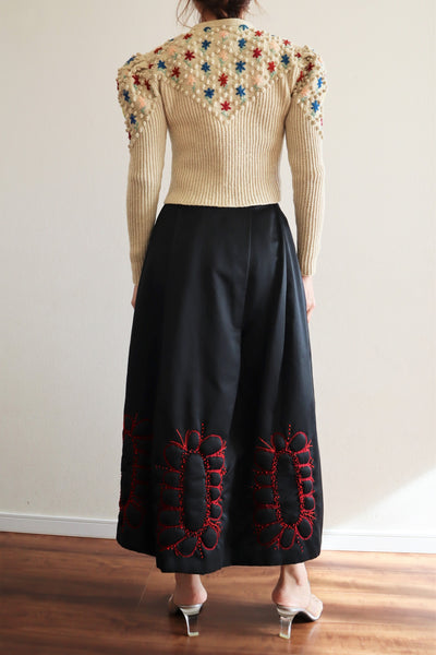 60s Black Satin Skirt Embroidered Flower