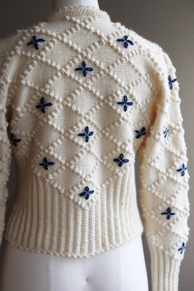 Austrian Hand knit Cardigan Embroidered Off White