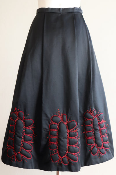 60s Black Satin Skirt Embroidered Flower
