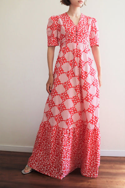 70s Cotton Floral Polka Dot Maxi Prairie Dress