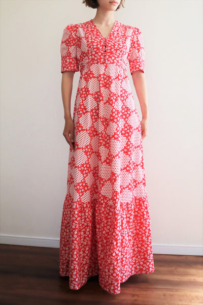 70s Cotton Floral Polka Dot Maxi Prairie Dress