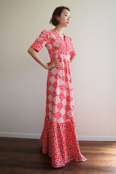 70s Cotton Floral Polka Dot Maxi Prairie Dress