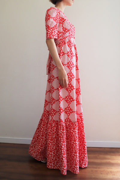 70s Cotton Floral Polka Dot Maxi Prairie Dress