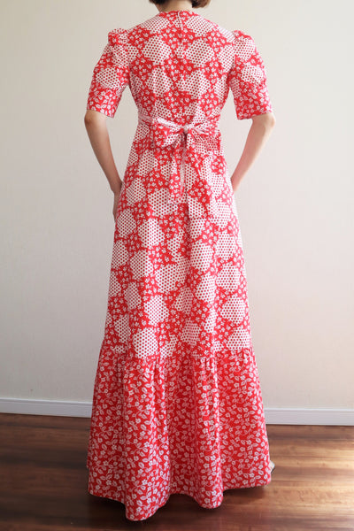 70s Cotton Floral Polka Dot Maxi Prairie Dress